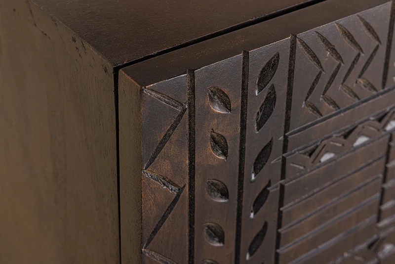 Buffet massif TRIBAL 180cm en manguier marron antique Façade 3D nombreux rangements
