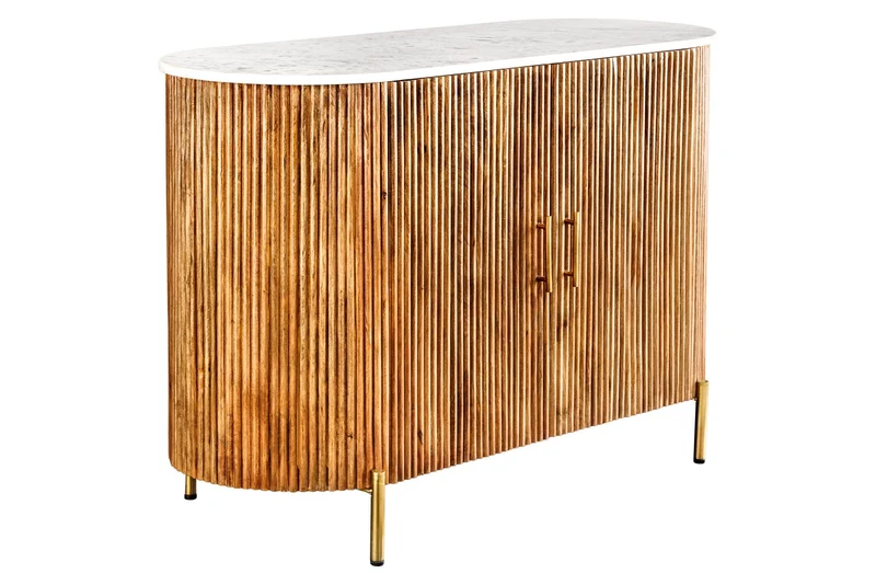 Buffet massif TRES CHIC 105cm bois de manguier naturel marbre blanc métal doré