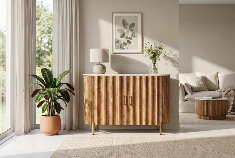 Buffet massif TRES CHIC 105cm bois de manguier naturel marbre blanc métal doré