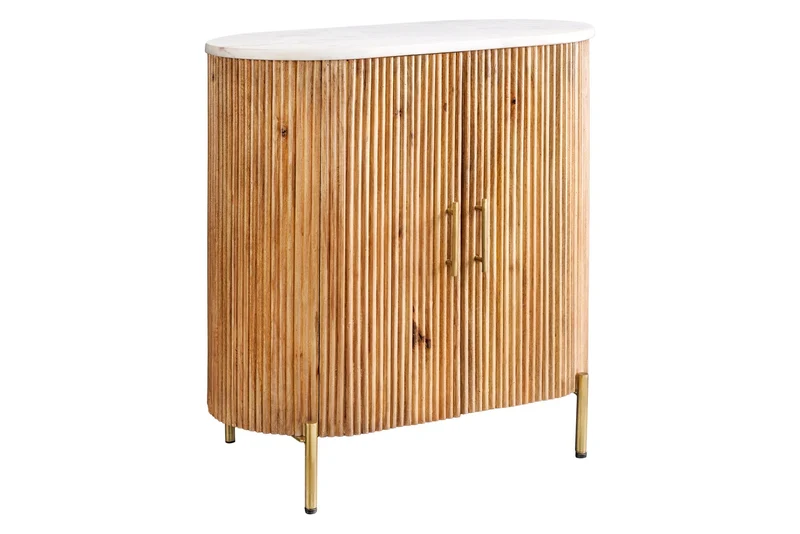 Buffet massif TRES CHIC 75cm bois de manguier naturel marbre blanc métal doré