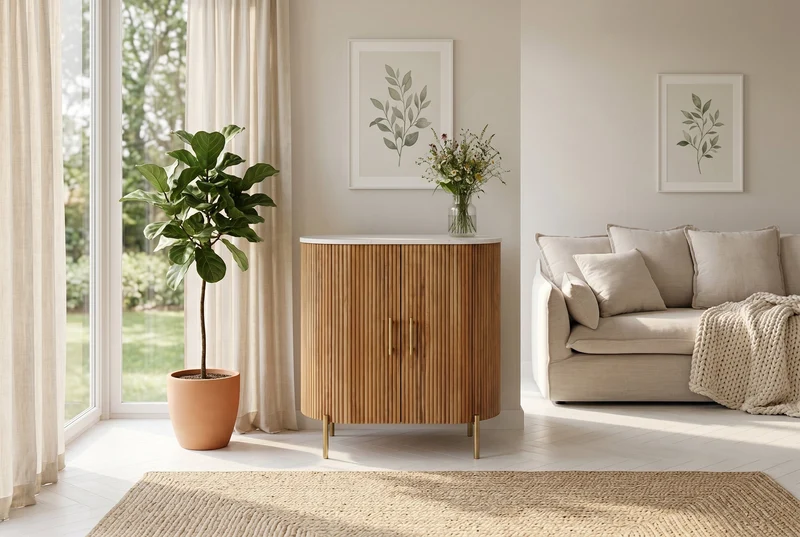 Buffet massif TRES CHIC 75cm bois de manguier naturel marbre blanc métal doré