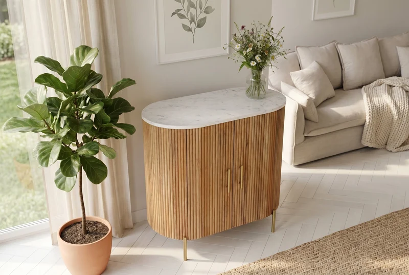 Buffet massif TRES CHIC 75cm bois de manguier naturel marbre blanc métal doré