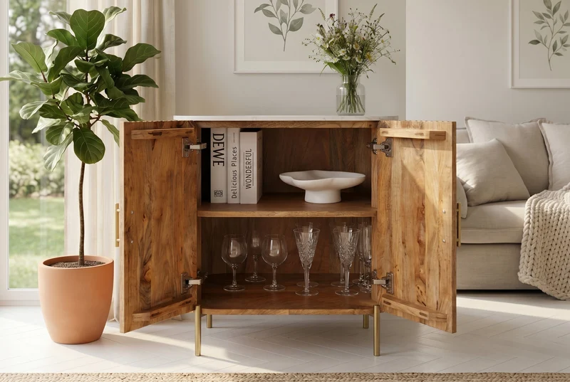 Buffet massif TRES CHIC 75cm bois de manguier naturel marbre blanc métal doré