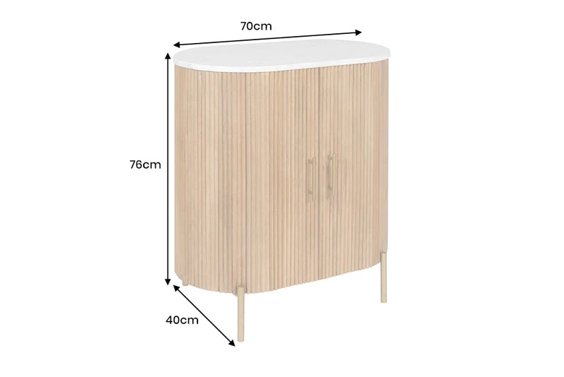 Buffet massif TRES CHIC 75cm bois de manguier naturel marbre blanc métal doré