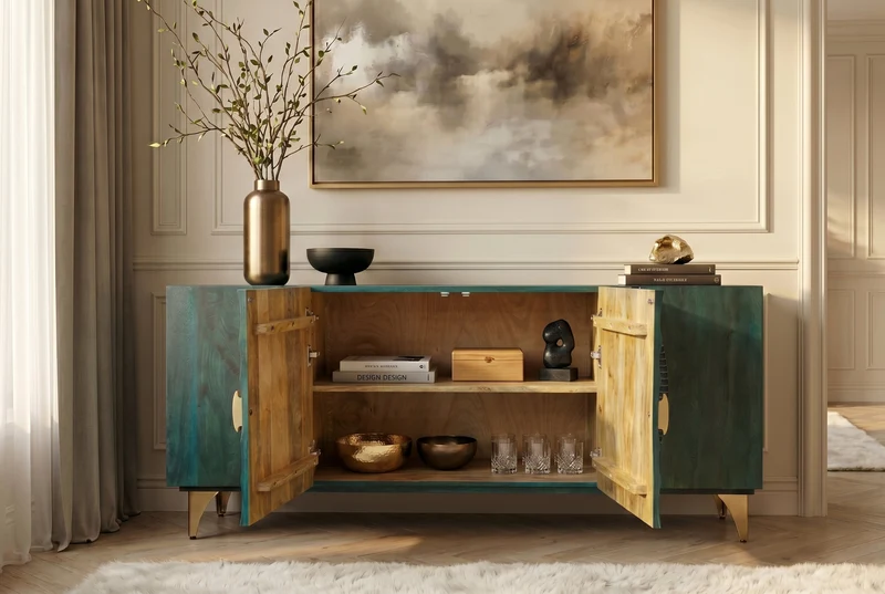 Buffet artisanal GOLDEN SUNSET 180cm turquoise doré pieds métal bois de manguier