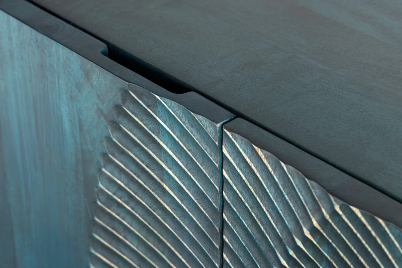 Buffet artisanal GOLDEN SUNSET 180cm turquoise doré pieds métal bois de manguier