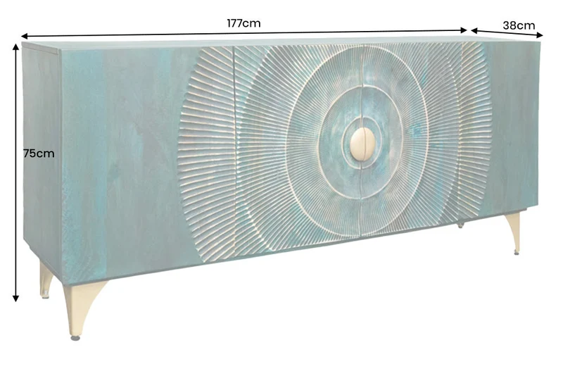 Buffet artisanal GOLDEN SUNSET 180cm turquoise doré pieds métal bois de manguier