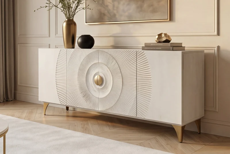 Buffet artisanal GOLDEN SUNSET 180cm pieds métal bois de manguier or blanc