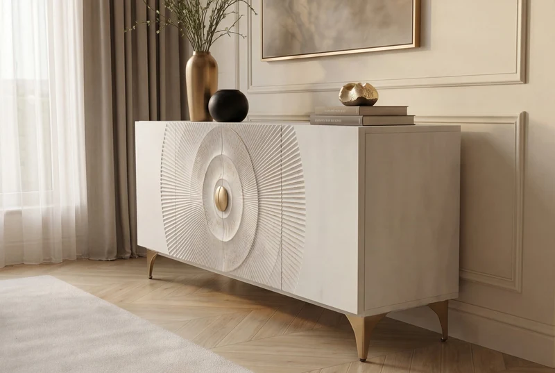 Buffet artisanal GOLDEN SUNSET 180cm pieds métal bois de manguier or blanc
