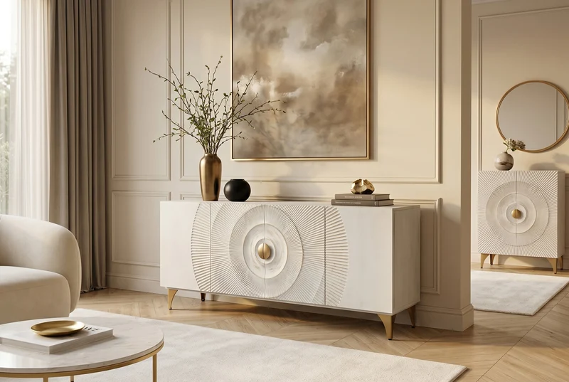 Buffet artisanal GOLDEN SUNSET 180cm pieds métal bois de manguier or blanc