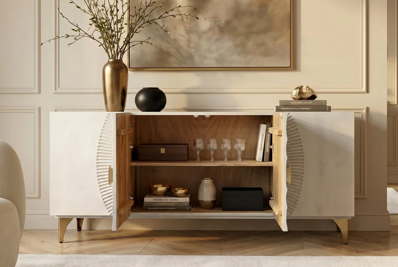 Buffet artisanal GOLDEN SUNSET 180cm pieds métal bois de manguier or blanc
