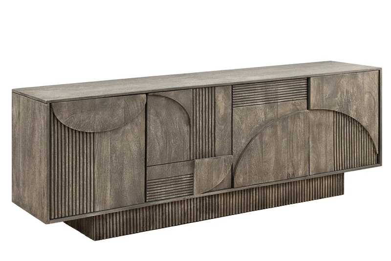 Buffet design ART DECO 170cm gris fumé en manguier massif façade 3D