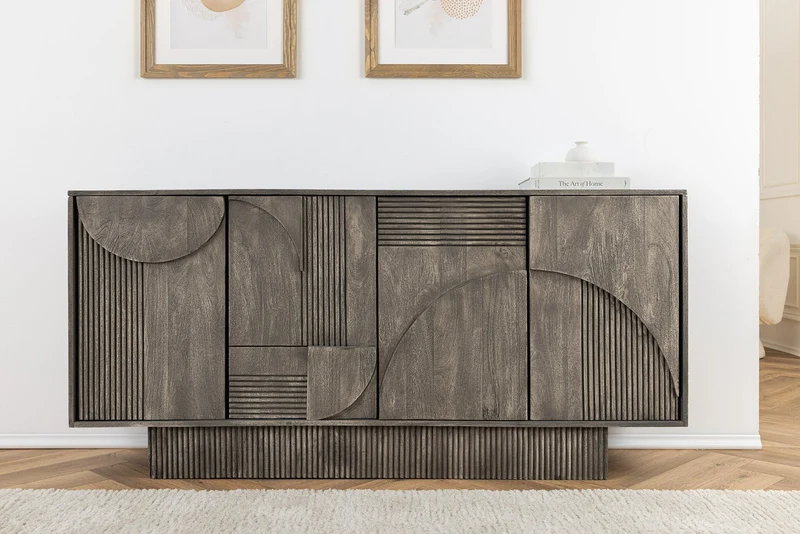 Buffet design ART DECO 170cm gris fumé en manguier massif façade 3D