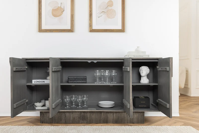 Buffet design ART DECO 170cm gris fumé en manguier massif façade 3D
