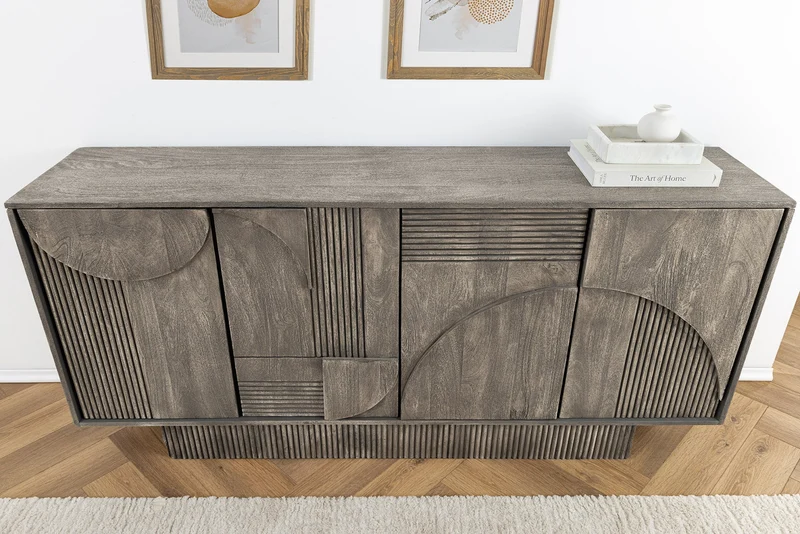 Buffet design ART DECO 170cm gris fumé en manguier massif façade 3D