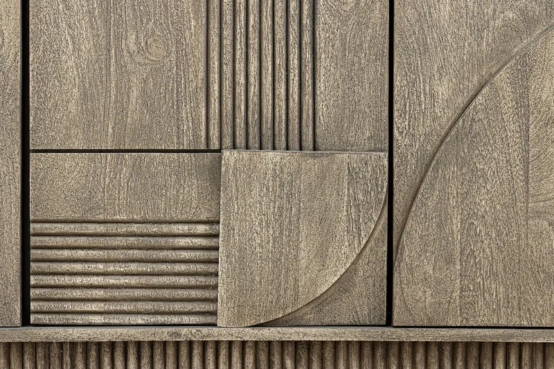 Buffet design ART DECO 170cm gris fumé en manguier massif façade 3D