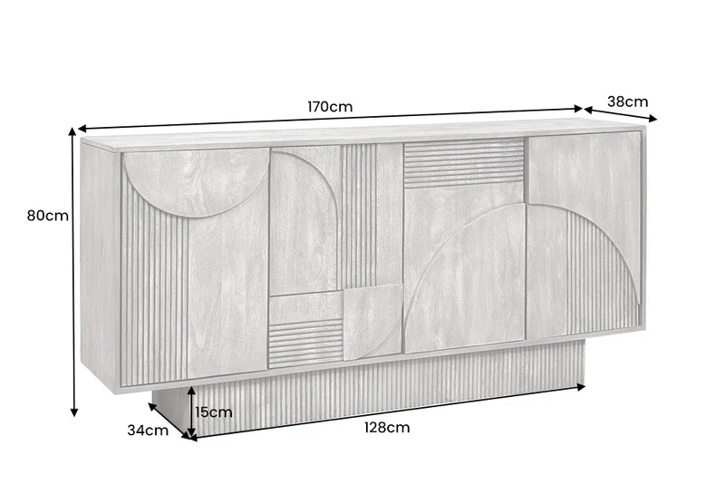 Buffet design ART DECO 170cm gris fumé en manguier massif façade 3D