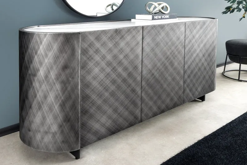 Buffet design REFLECTION 150cm marbre céramique blanc effet 3D anthracite finition brossée