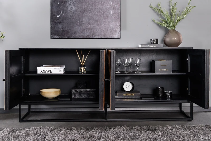 Buffet massif BARRACUDA 180cm en manguier marron avec façade en teck métal noir