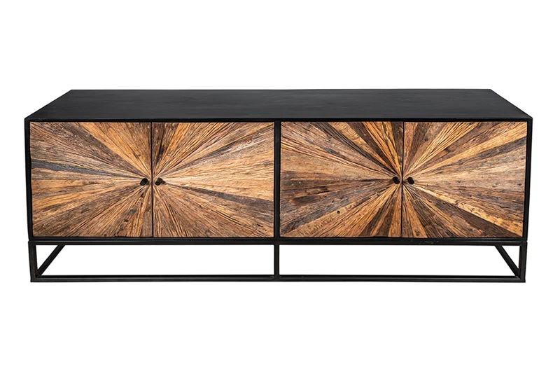 Buffet massif BARRACUDA 180cm en manguier marron avec façade en teck métal noir