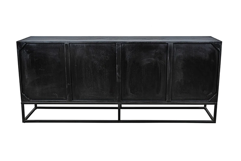 Buffet massif BARRACUDA 180cm en manguier marron avec façade en teck métal noir