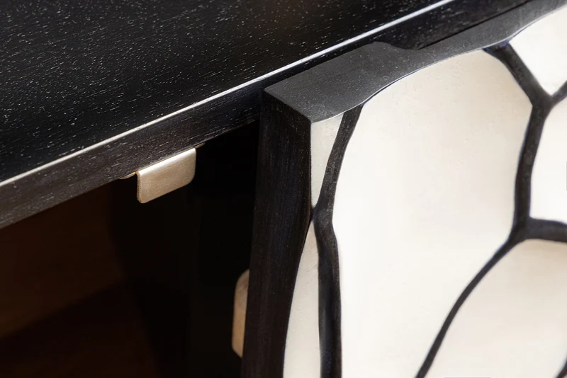 Buffet en bois massif VULCANO 180cm blanc noir manguier avec sculptures 3D structure en métal fait main doré