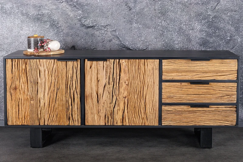 Buffet en bois massif BARRACUDA 150cm teck manguier noir métal recyclé