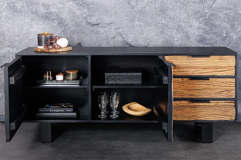 Buffet en bois massif BARRACUDA 150cm teck manguier noir métal recyclé