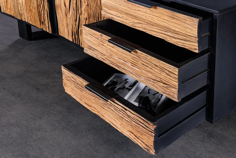 Buffet en bois massif BARRACUDA 150cm teck manguier noir métal recyclé
