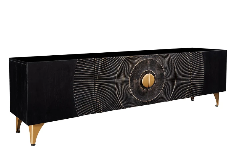 Buffet TV artisanal GOLDEN SUNSET 180cm noir avec sculptures 3D pieds en métal en bois de manguier massif doré