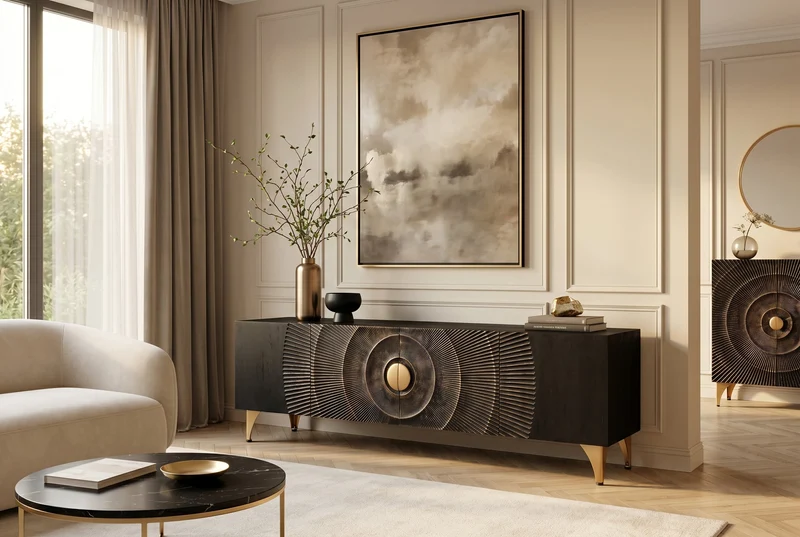 Buffet TV artisanal GOLDEN SUNSET 180cm noir avec sculptures 3D pieds en métal en bois de manguier massif doré