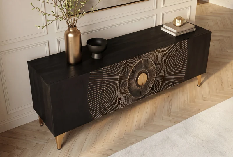 Buffet TV artisanal GOLDEN SUNSET 180cm noir avec sculptures 3D pieds en métal en bois de manguier massif doré
