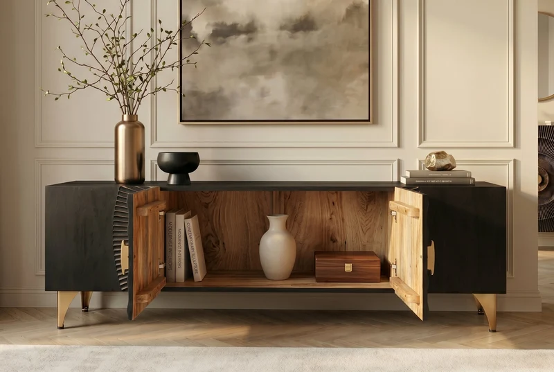 Buffet TV artisanal GOLDEN SUNSET 180cm noir avec sculptures 3D pieds en métal en bois de manguier massif doré