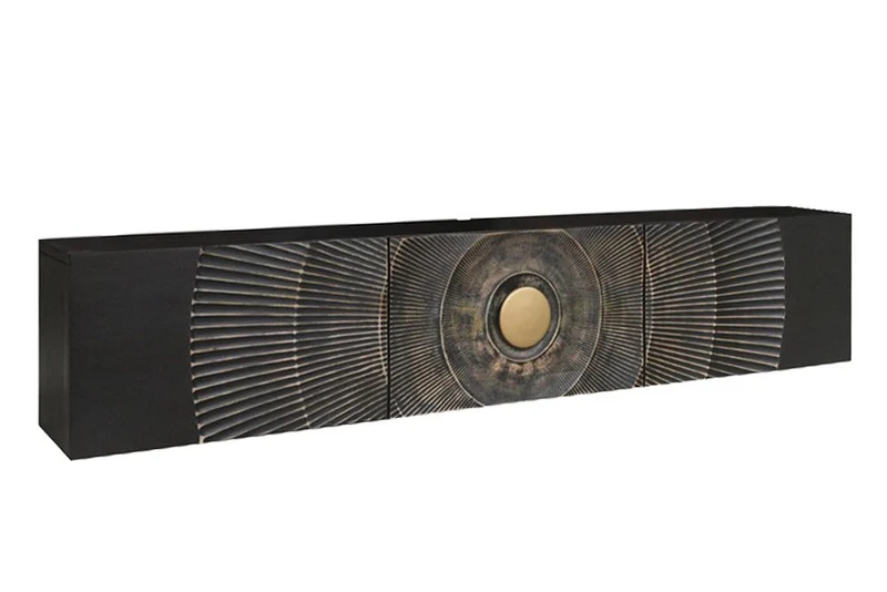 Buffet TV suspendu GOLDEN SUNSET 160cm en bois de manguier noir avec sculptures 3D dorées faites à la main