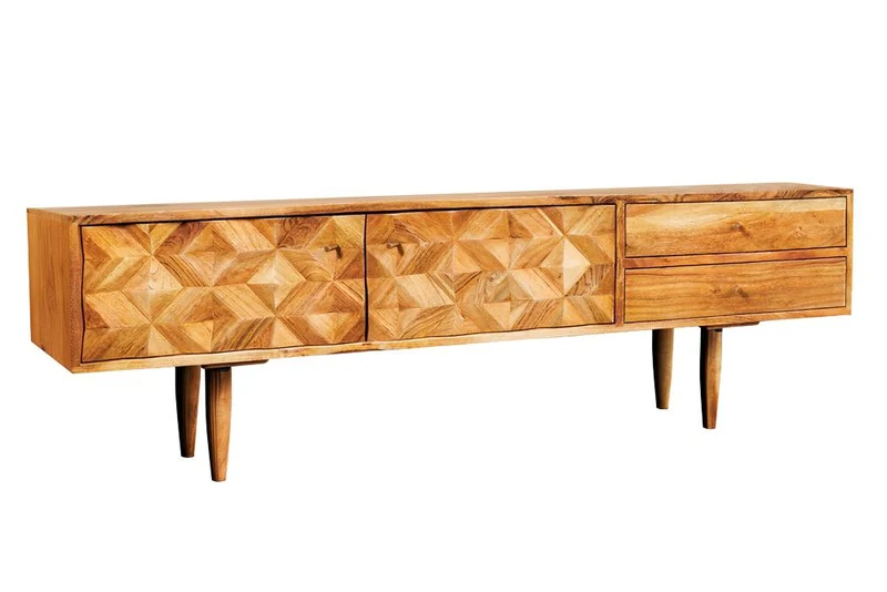 Buffet TV en bois massif ALPINE 145cm acacia naturel design rétro finition miel