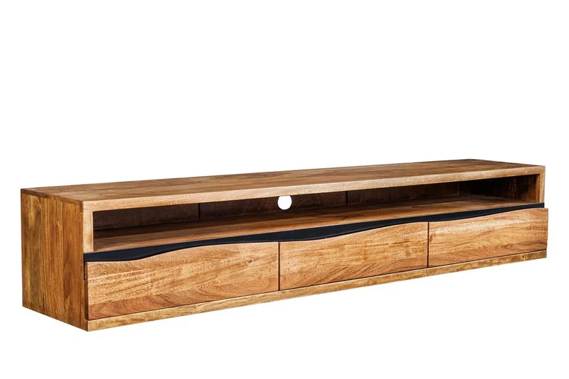 Buffet TV suspendu MAMMUT 160cm acacia marron finition miel bord d’arbre en bois massif