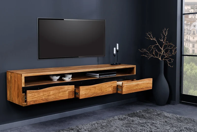 Buffet TV suspendu MAMMUT 160cm acacia marron finition miel bord d’arbre en bois massif