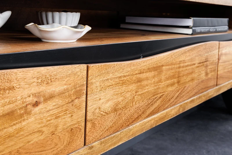 Buffet TV suspendu MAMMUT 160cm acacia marron finition miel bord d’arbre en bois massif