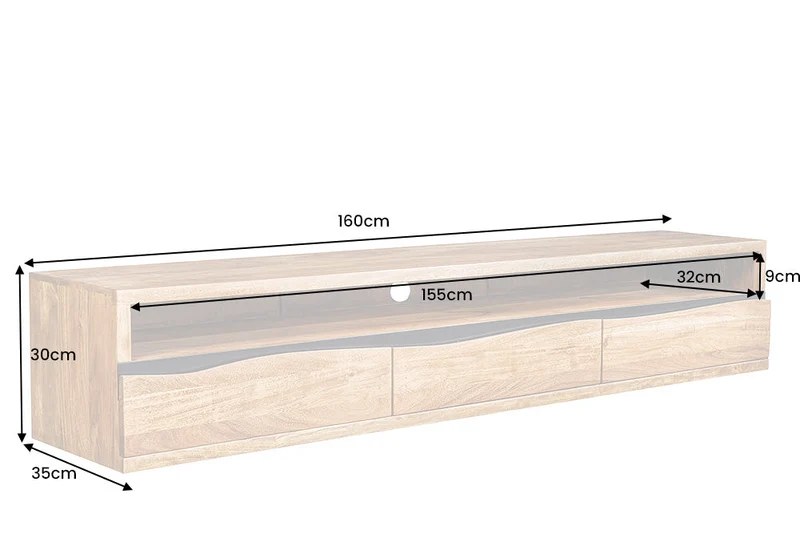 Buffet TV suspendu MAMMUT 160cm acacia marron finition miel bord d’arbre en bois massif