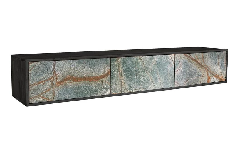 Meuble TV en bois massif MOUNTAIN SOUL 160cm noir suspendu véritable pierre naturelle d’acacia