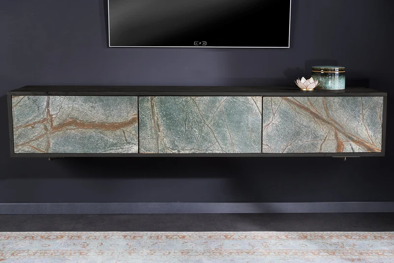 Meuble TV en bois massif MOUNTAIN SOUL 160cm noir suspendu véritable pierre naturelle d’acacia