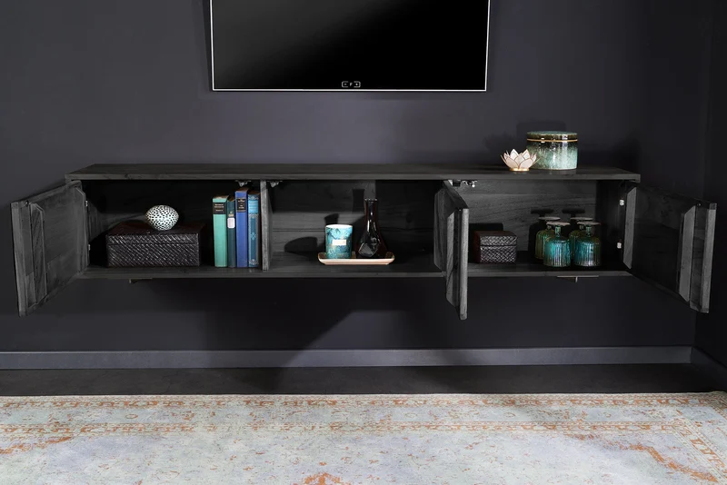 Meuble TV en bois massif MOUNTAIN SOUL 160cm noir suspendu véritable pierre naturelle d’acacia