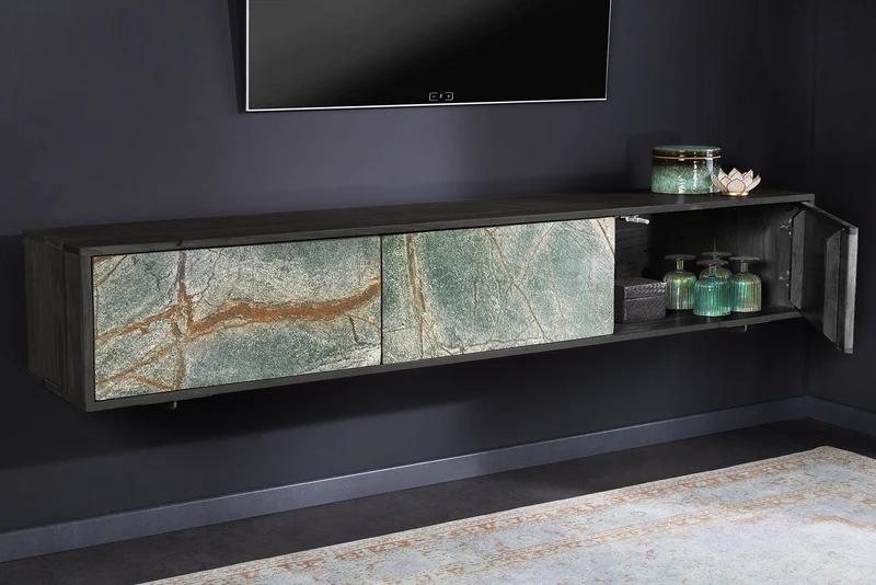 Meuble TV en bois massif MOUNTAIN SOUL 160cm noir suspendu véritable pierre naturelle d’acacia