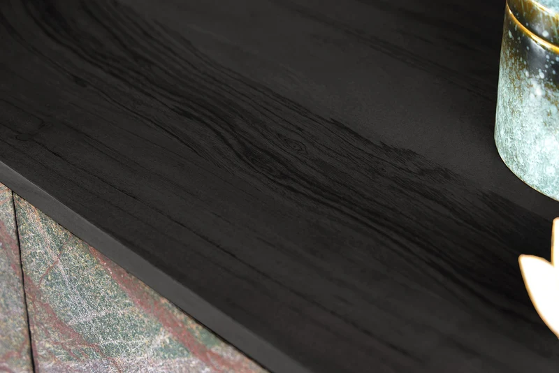 Meuble TV en bois massif MOUNTAIN SOUL 160cm noir suspendu véritable pierre naturelle d’acacia