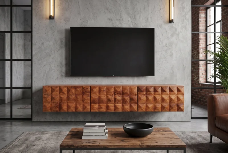 Meuble TV en bois massif VULCANO 160cm suspendu manguier naturel salon