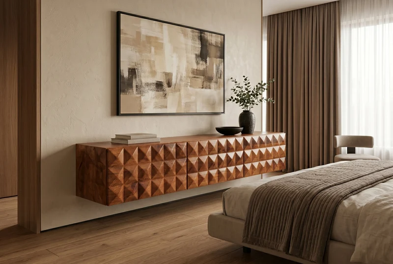 Meuble TV en bois massif VULCANO 160cm suspendu manguier naturel salon