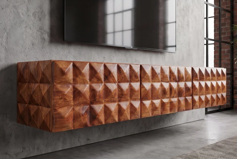 Meuble TV en bois massif VULCANO 160cm suspendu manguier naturel salon