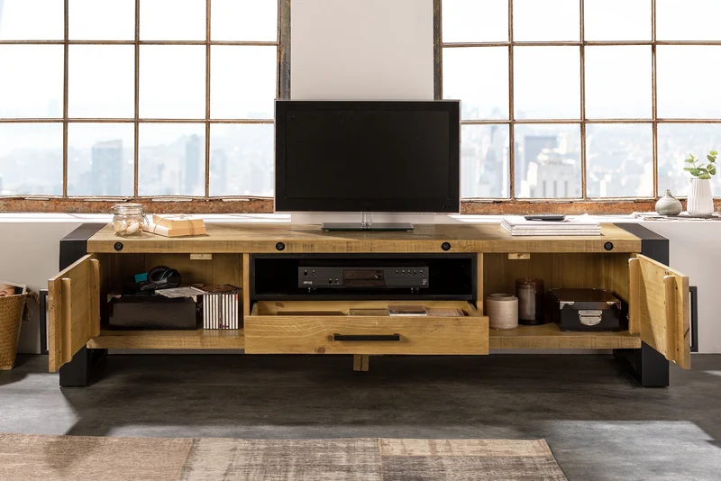 Buffet TV massif THOR 200cm en bois de pin recyclé au design industriel