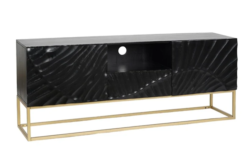 Buffet TV massif SCORPION 160cm en bois de manguier noir avec sculptures 3D élaborées