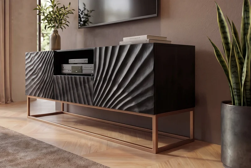 Buffet TV massif SCORPION 160cm en bois de manguier noir avec sculptures 3D élaborées